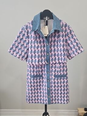 Sandro Pink and Blue Houndstooth Mini Dress